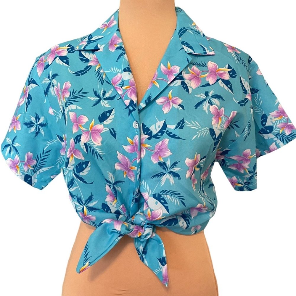 Hilo Hattie Blue and Purple Floral Orchid Print Cropped Blouse with Tie Front S